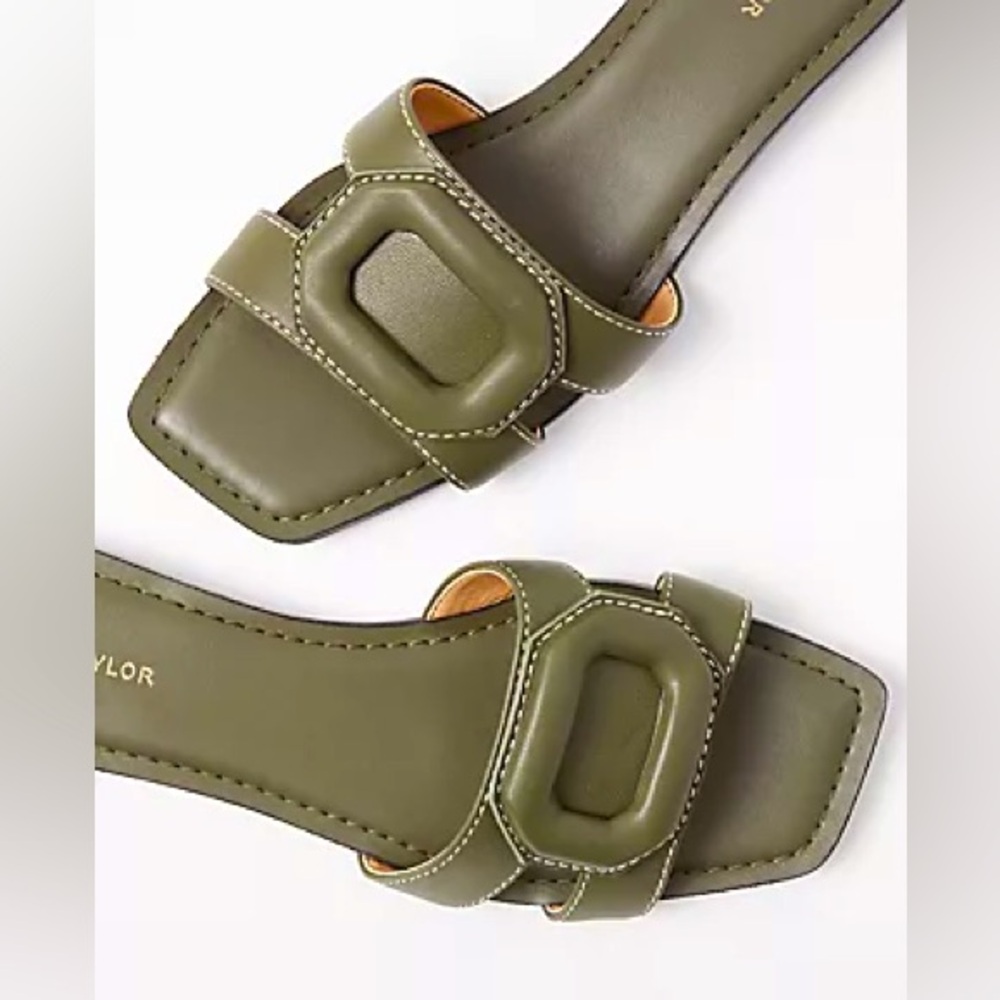AT Weekend Leather Buckle Slides Color: Green Kalamata